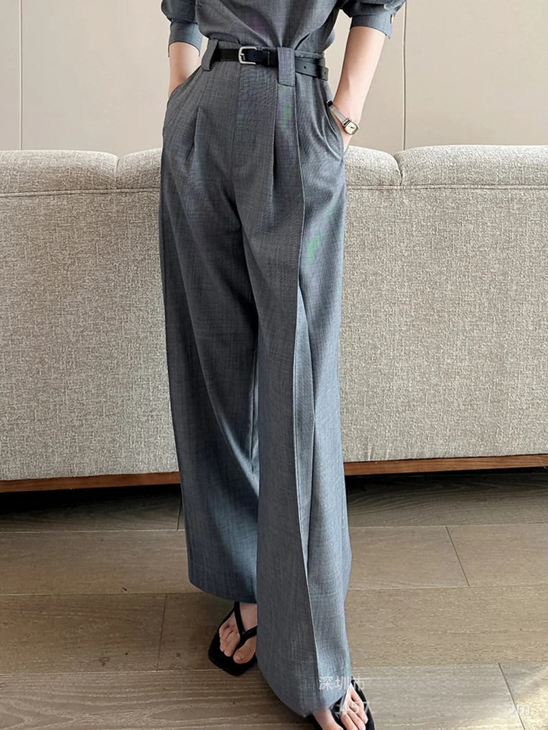 Jednobojne modne hlače visokog struka do poda i širokih nogavica s elegantnim dizajnom, ležerne odijelo koje čini da noge izgledaju duže