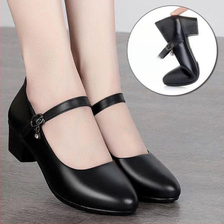 Cheongsam cipele za modnu pistu, ženske cipele s srednjom petom, debelom petom, vodootporne, platforme, radne cipele s kopčom, crne profesionalne cipele, ženske kožne cipele