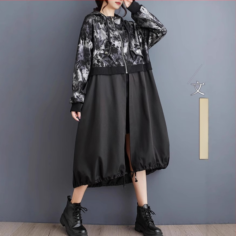 2024. aasta sügis-talve uus keskmise pikkusega pluss-suuruses tuulejope, lahtise õhukese kapuutsiga õmblusega, trükitud lukuga mantli naistele