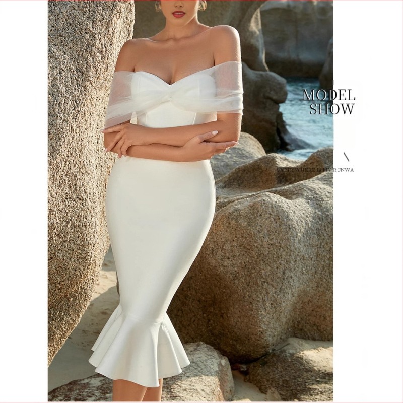 Φόρεμα Ευρωπαϊκό και Αμερικανικό 2024 Νέο Στυλ Σέξι Τοπ με Έξω Ώμους και Κοντό Μανίκι, Στενή Εφαρμογή, Λευκό Φόρεμα