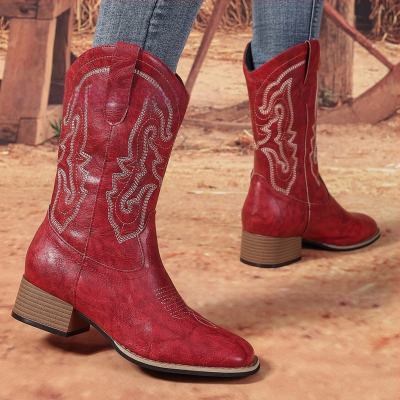 Γυναικείες Μπότες Western, Ευρωπαϊκό και Αμερικανικό Στυλ, Ρετρό 2025, Four Seasons, Εξωτερικό Εμπόριο, Νέες Έτοιμες Μπότες με Μεσαίο Σωλήνα και Μυτερό Δάχτυλο, Πηγή Κατασκευαστή