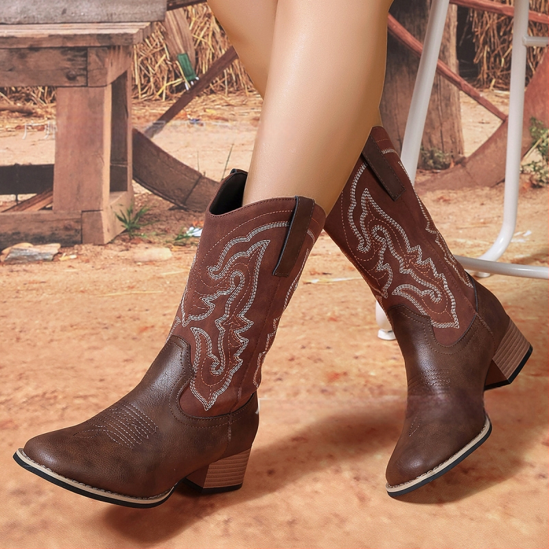Γυναικείες Μπότες Western, Ευρωπαϊκό και Αμερικανικό Στυλ, Ρετρό 2025, Four Seasons, Εξωτερικό Εμπόριο, Νέες Έτοιμες Μπότες με Μεσαίο Σωλήνα και Μυτερό Δάχτυλο, Πηγή Κατασκευαστή