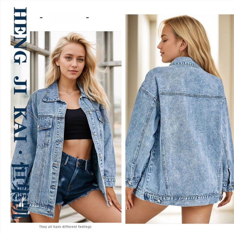 Γυναικείο τζιν παλτό αμερικανικού στιλ, άνοιξη-φθινόπωρο και χειμώνα, χαλαρό oversize, μεσαίου μήκους, casual μπουφάν, τοπ, τζιν ρούχα