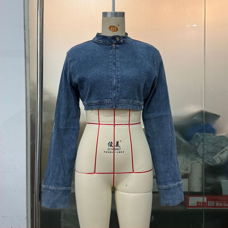 Moteriškas pavasario ir rudens užsienio prekybos kardiganas su užtrauktuku, „Spice Girl“ palaidinė su ilgomis rankovėmis, stinga apykakle, trumpas džinsinis švarkelis SU3455