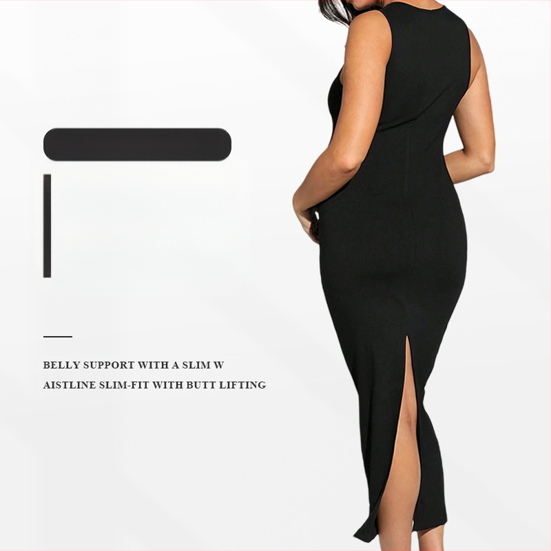 Europietiškas ir amerikietiškas, berankovis, vidutinio ilgio, klubus dengiantis sijonas su plyšiu nugaroje. Plonas megztas, rudens stiliaus, plonas, berankovis nėštukės suknelės modelis.