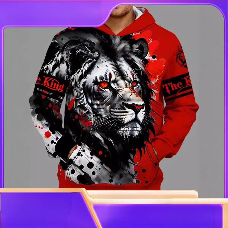 „Temu CrossBorder“ pavasario ir rudens išpardavimas – naujas 3D skaitmeninis kraujo raudonojo tigro rašto vyriškas madingas laisvalaikio megztinis su gobtuvu.