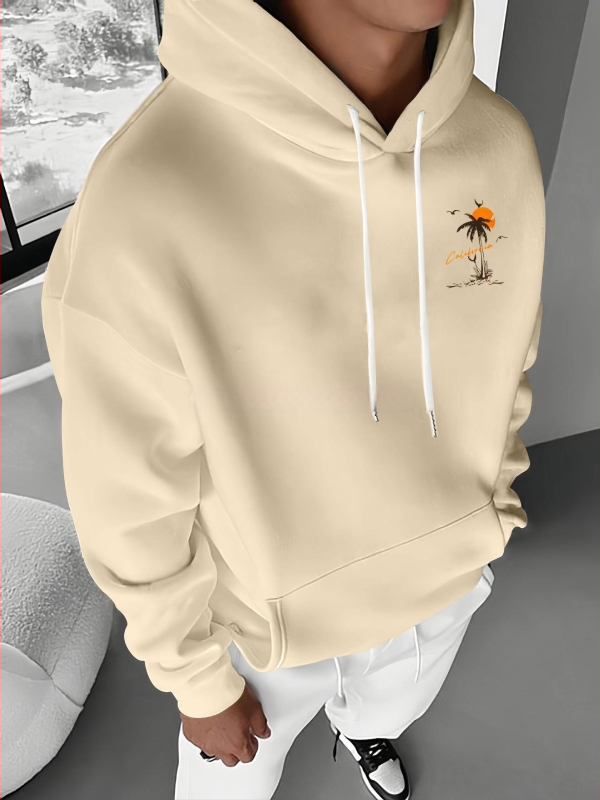 Férfi trópusi naplemente mintás, polár bélésű kapucnis pulóver - Lezser, Laza