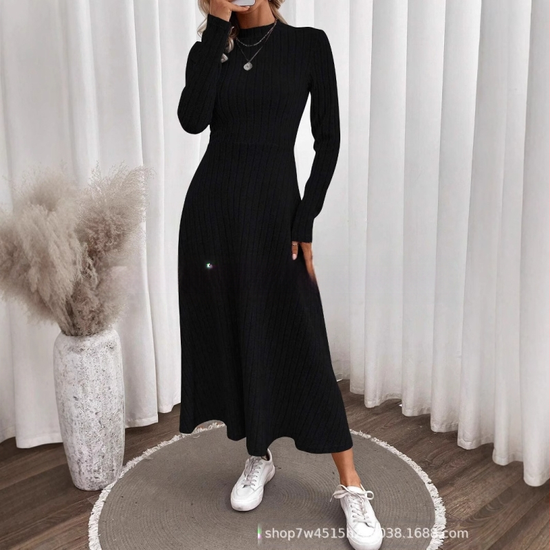 Európai és amerikai határokon átnyúló női ruházat Amazon új őszi és téli elegáns karcsúsított, kerek nyakú, egyszínű, kötött, csiszolás nélküli, laza ruha