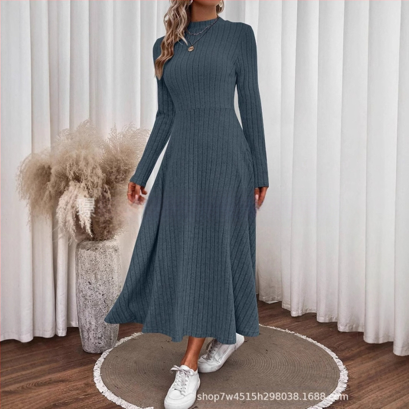 Európai és amerikai határokon átnyúló női ruházat Amazon új őszi és téli elegáns karcsúsított, kerek nyakú, egyszínű, kötött, csiszolás nélküli, laza ruha