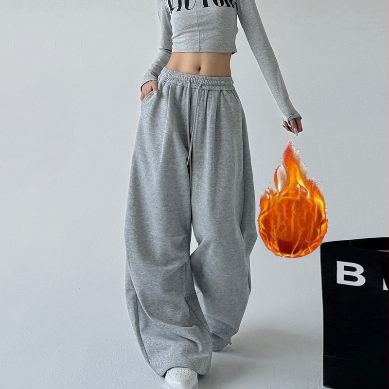 Amerikai polár bélésű szürke sportnadrág női őszi 2024 új magas derekú, egyenes, laza, hétköznapi munkaruha
