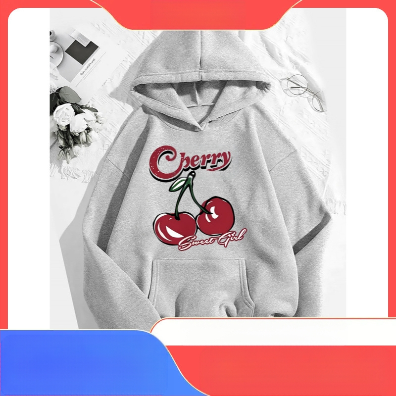 Divatos pulóver cseresznye mintával, húzózsinórral