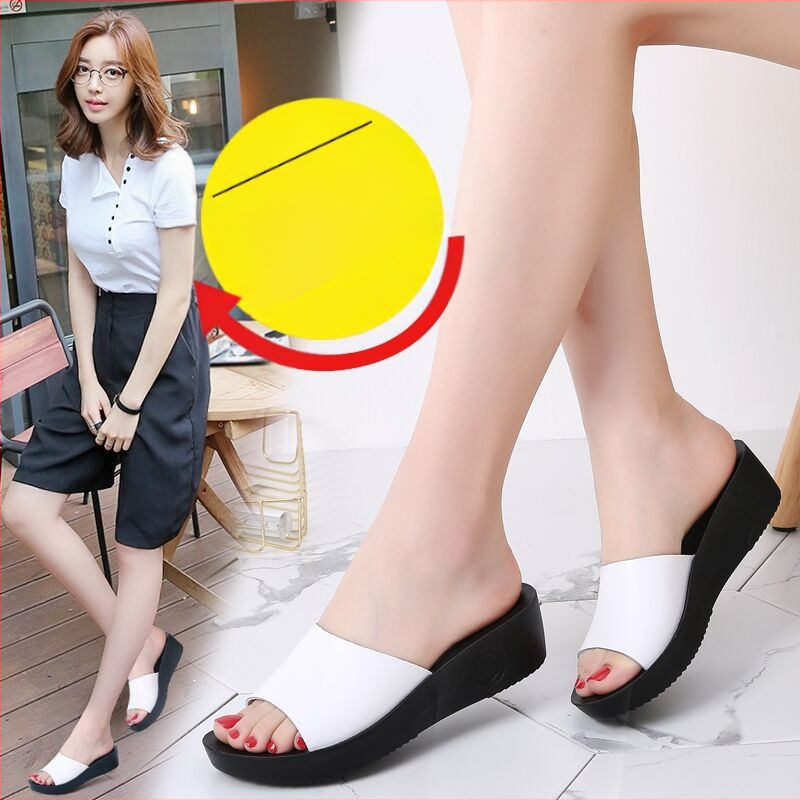 Дамски летни чехли от естествена кожа, черни, със среден ток, прости, неплъзгащи се, меко долно, удобни, изходящи, сандали на клин