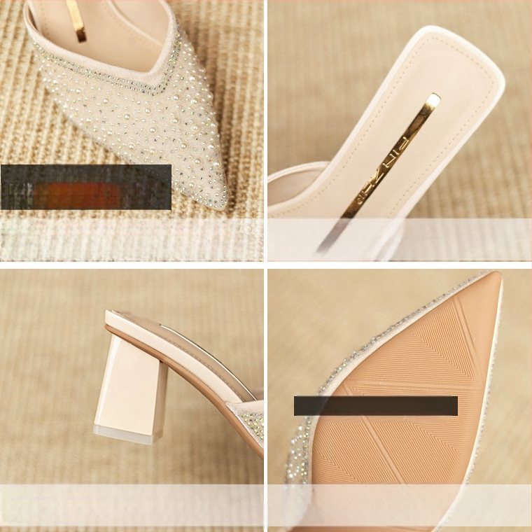 Zárt orrú, félig támasztó cipő, női nyári viselet, 2023-as új, strasszos, tündéri vastag sarok, hegyes sarkú, divatos női szandál.