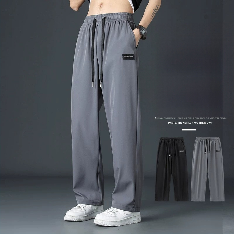 Lezser jég selyem egyenes szárú férfi nadrág, vékony, gyorsan száradó sportnadrág, laza tavaszi és őszi férfi egyenes szárú nadrág