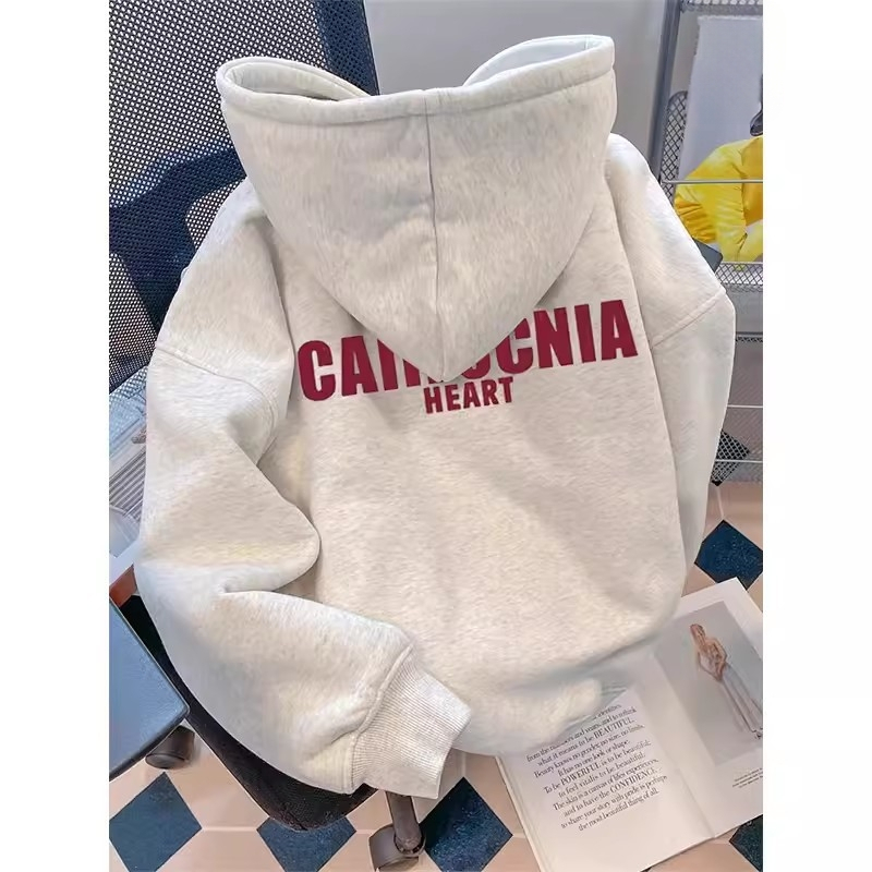 Kapucnis, betűkkel ellátott, polár bélésű pulóver, női tavaszi és őszi 2024-es új, laza, túlméretezett divatos felső, páros dzseki