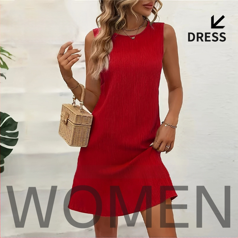 2025 nyári új európai és amerikai egyszínű, kerek nyakú, hátul gombos ujjatlan női ruha, elegáns és divatos