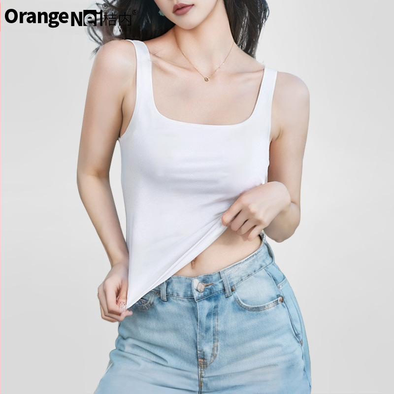 Πορτοκαλί εσωτερικό ξύλινο φανελάκι από βαμβακερό πορτοκαλί sense με φαρδύ λουράκι ώμου, στενή εφαρμογή με μαξιλαράκι στήθους εσωτερική βάση, εξωτερική ένδυση