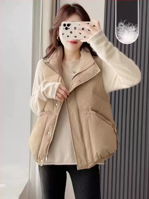 2024 m. žieminė nauja pūkinė liemenė moterims, madinga, suvarstoma apykakle, laisvalaikio stiliaus, balta, pūkinė, šilta, visų rungtynių, Pinghu