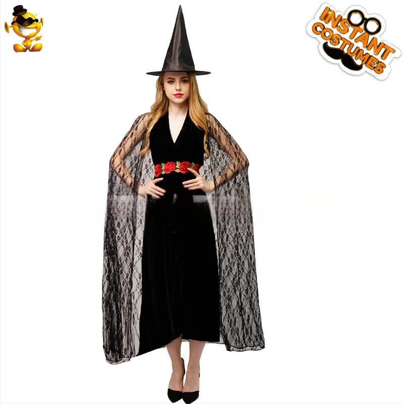 Täiskasvanud naissoost Halloweeni cosplay nõia kostüüm elegantne nõia kostüüm lavaetenduse kostüüm