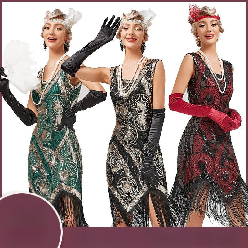 Νέο, βαρύ, κεντημένο φόρεμα με χάντρες και παγιέτες, διασυνοριακό, ευρωπαϊκό και αμερικανικό φόρεμα για δεξιώσεις, φόρεμα με V λαιμόκοψη, φούντα, μεγάλο φόρεμα σε απόθεμα