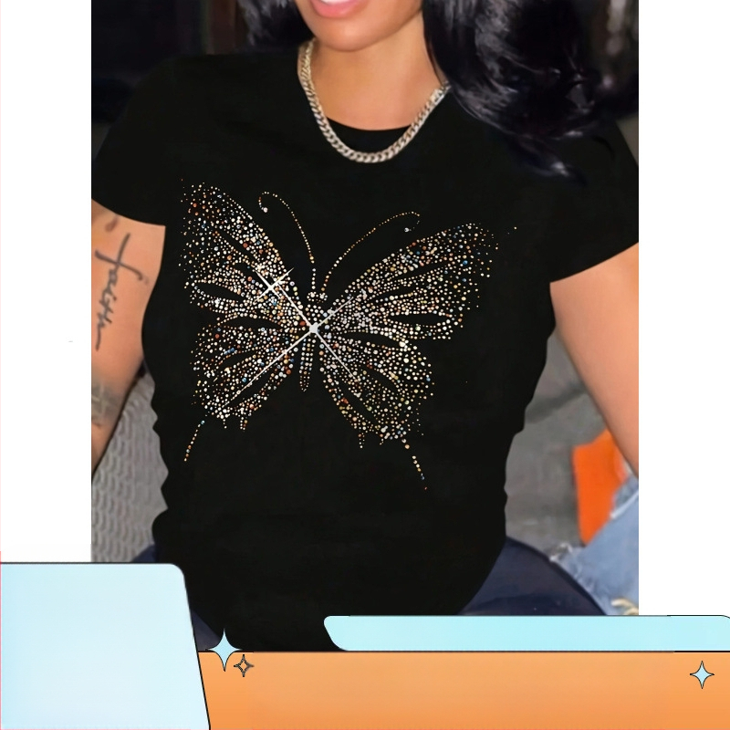 Ljetna ležerna majica kratkih rukava s uzorkom sjajnih leptira, 95% poliester, 5% rastezljivo pletivo