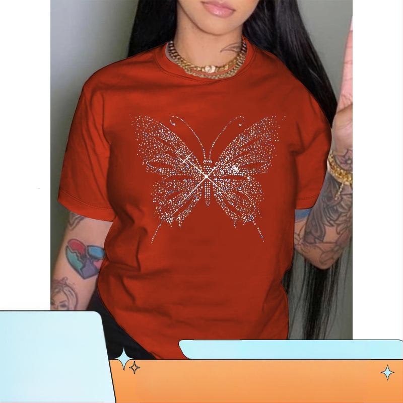 Ljetna ležerna majica kratkih rukava s uzorkom sjajnih leptira, 95% poliester, 5% rastezljivo pletivo