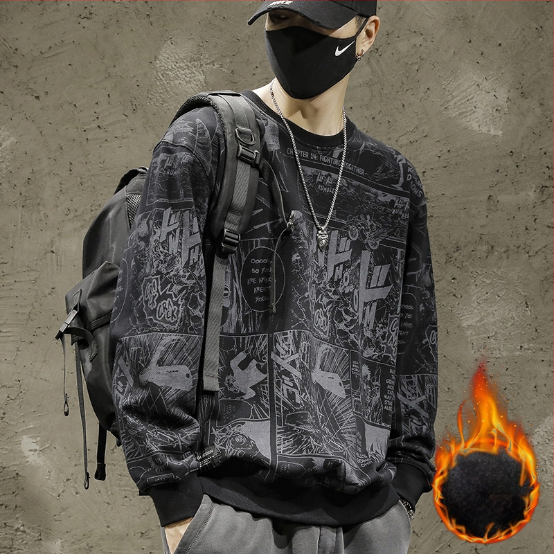 Pulover cu imprimeu de desene animate japoneze pentru bărbați, lejer, mărime plus, toamnă și iarnă, căptușit cu fleece, la modă, de brand, cu guler rotund, pulover cu glugă și mânecă lungă