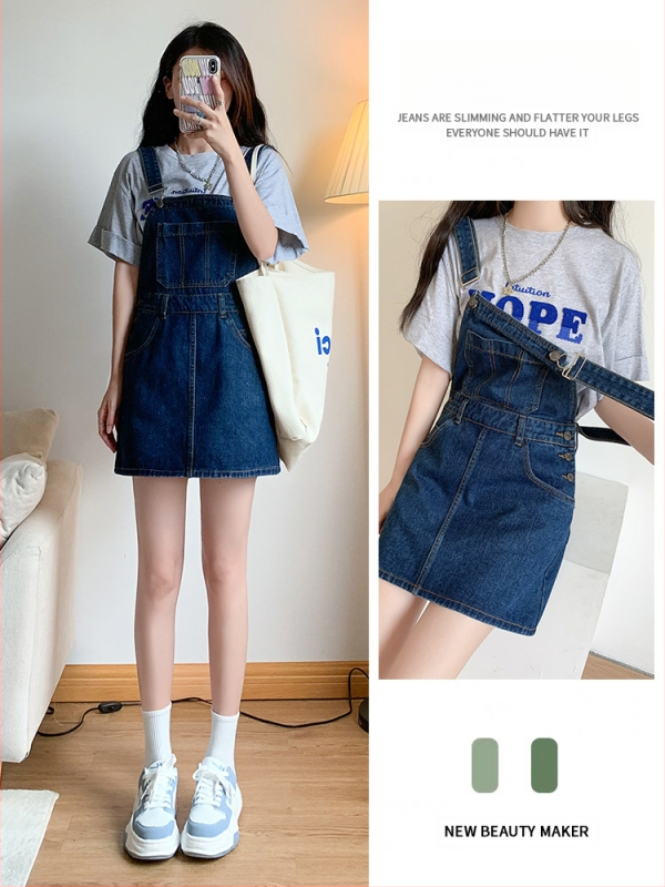 Sötétkék farmer pánt nélküli rövid ruha Női tavaszi vékony fazon 2024 Új érkezésű vékony fazonú, laza, karcsúsító, fiatalos, elegáns overall ruha