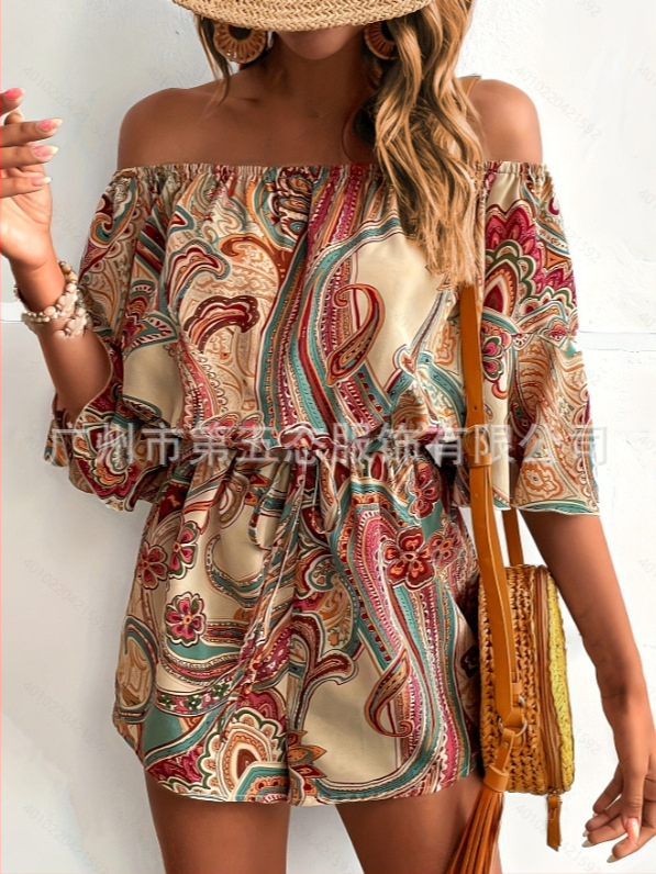 Pantaloni scurți dintr-o singură piesă, cu umeri goi, stil etnic nou, de vară, din material textil, model pelerin transfrontalier