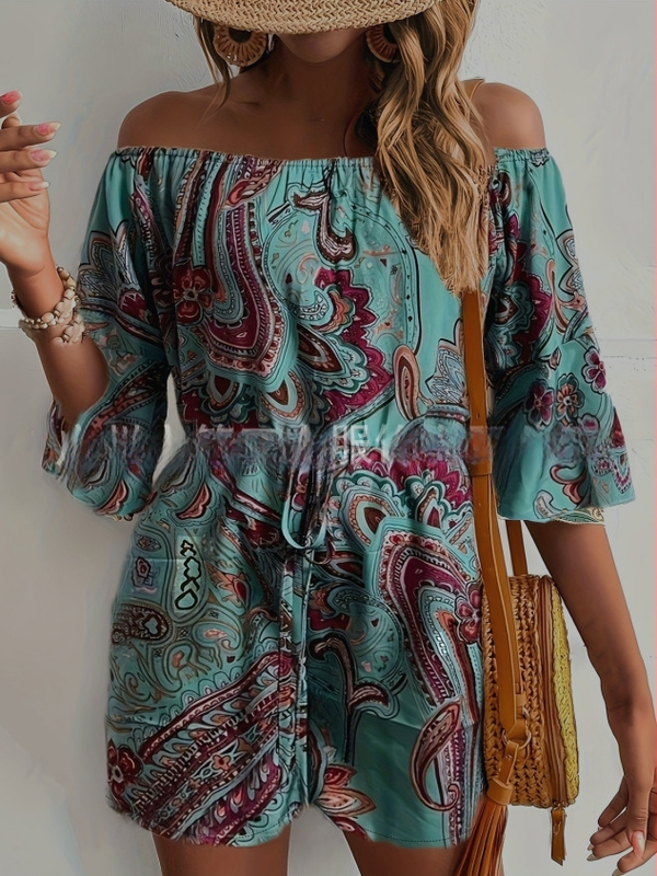 Pantaloni scurți dintr-o singură piesă, cu umeri goi, stil etnic nou, de vară, din material textil, model pelerin transfrontalier