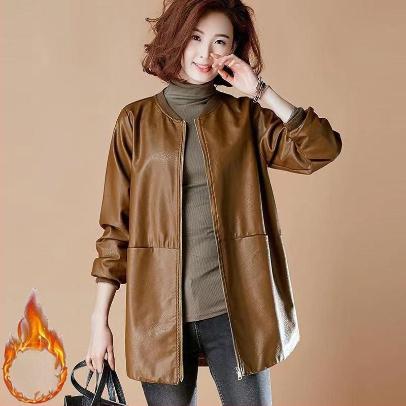 Moteriškas rudens ir žiemos naujas korėjietiško stiliaus laisvas beisbolo drabužių PU odos paltas su medvilne ir be medvilnės