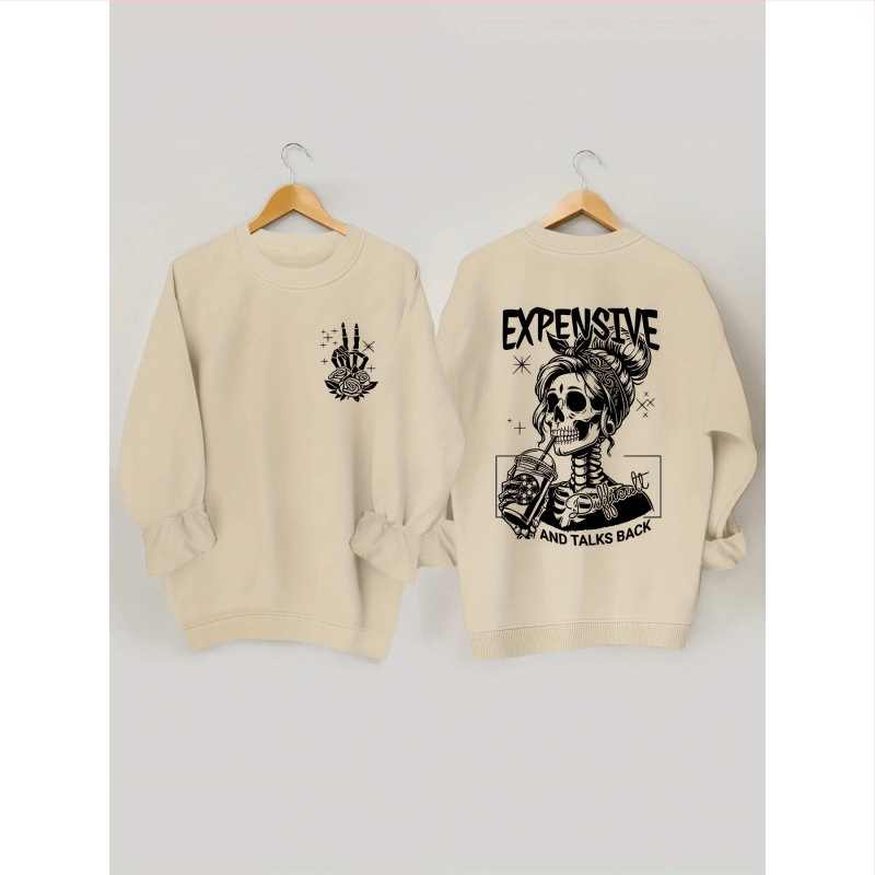 Koponyamintás pulóver, hosszú ujjú, kerek nyakú, lezser S-es kapucnis pulóver