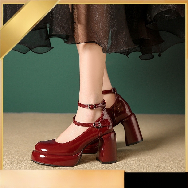 Francia stílusú vastag sarkú Mary Jane bőr női cipők 2025 tavaszi új piros magas sarkú retró tündér stílusú szoknyacipők