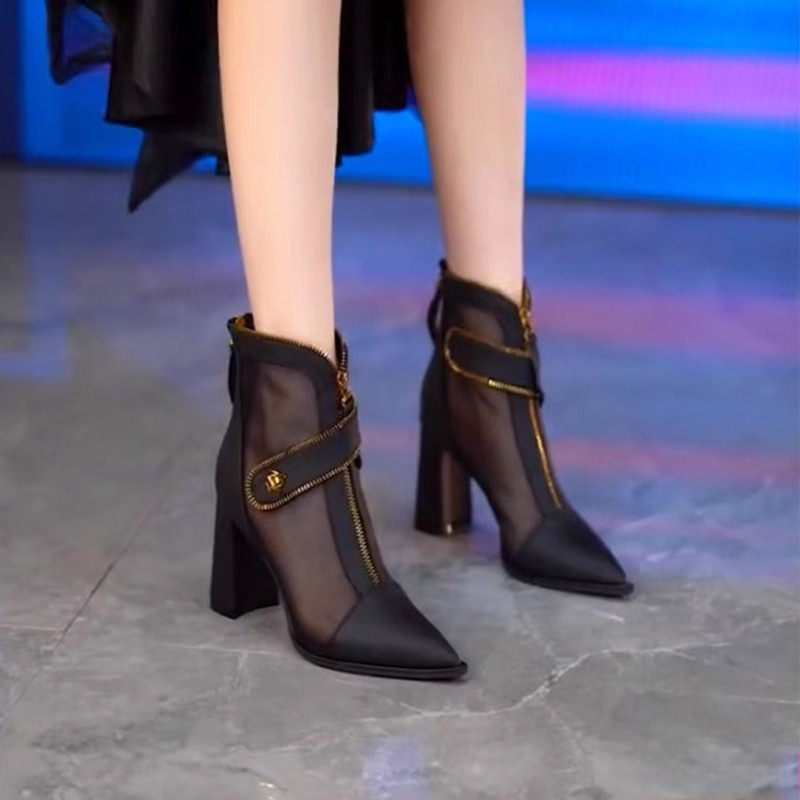 Márkás cipők hegyes, vastag sarokkal, lélegző bokacsizma női 2024 tavaszi új elöl cipzáras hálós üreges magas sarkú vékony Cui Wei