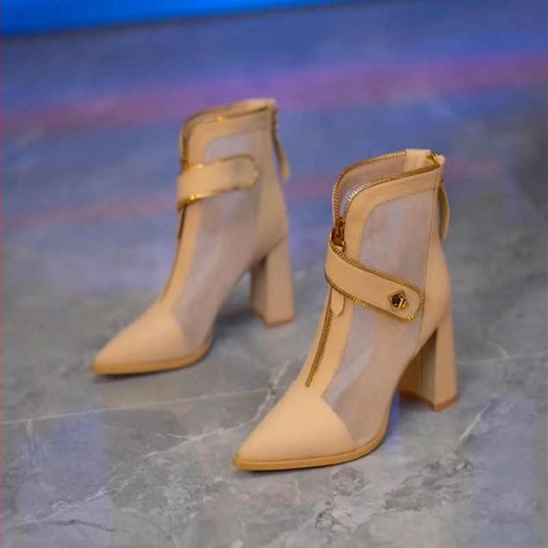 Márkás cipők hegyes, vastag sarokkal, lélegző bokacsizma női 2024 tavaszi új elöl cipzáras hálós üreges magas sarkú vékony Cui Wei