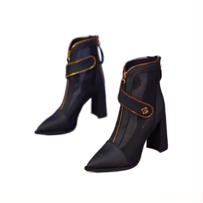 Márkás cipők hegyes, vastag sarokkal, lélegző bokacsizma női 2024 tavaszi új elöl cipzáras hálós üreges magas sarkú vékony Cui Wei