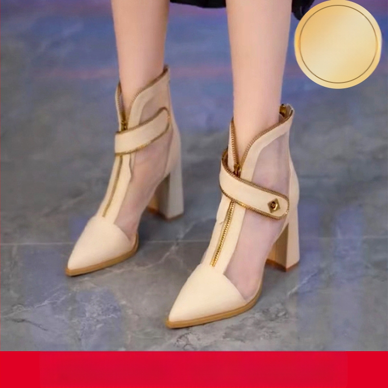 Márkás cipők hegyes, vastag sarokkal, lélegző bokacsizma női 2024 tavaszi új elöl cipzáras hálós üreges magas sarkú vékony Cui Wei