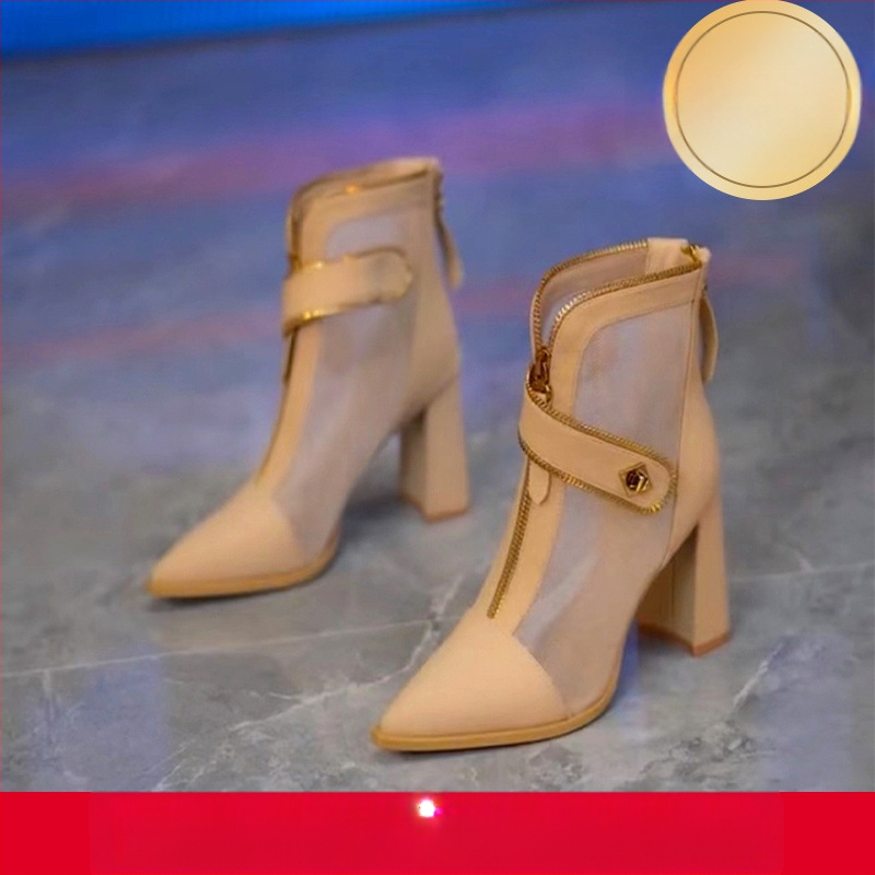 Márkás cipők hegyes, vastag sarokkal, lélegző bokacsizma női 2024 tavaszi új elöl cipzáras hálós üreges magas sarkú vékony Cui Wei