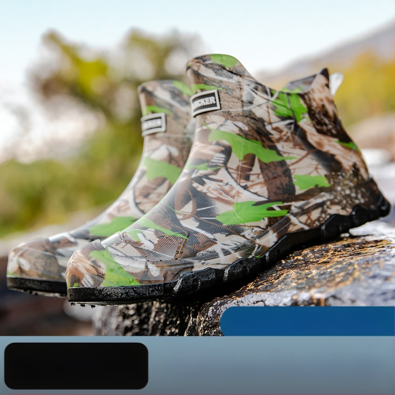 Νέα ανδρικά παπούτσια βροχής με κοντό σωλήνα, αδιάβροχα παπούτσια καμουφλάζ, αντιολισθητικά, ανθεκτικά στη φθορά, ζεστά, ενσωματωμένα παπούτσια εργασίας από καουτσούκ για άνδρες