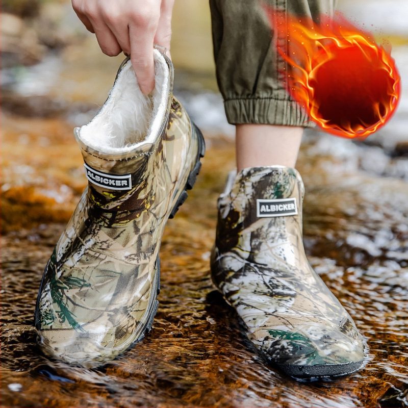 Νέα ανδρικά παπούτσια βροχής με κοντό σωλήνα, αδιάβροχα παπούτσια καμουφλάζ, αντιολισθητικά, ανθεκτικά στη φθορά, ζεστά, ενσωματωμένα παπούτσια εργασίας από καουτσούκ για άνδρες