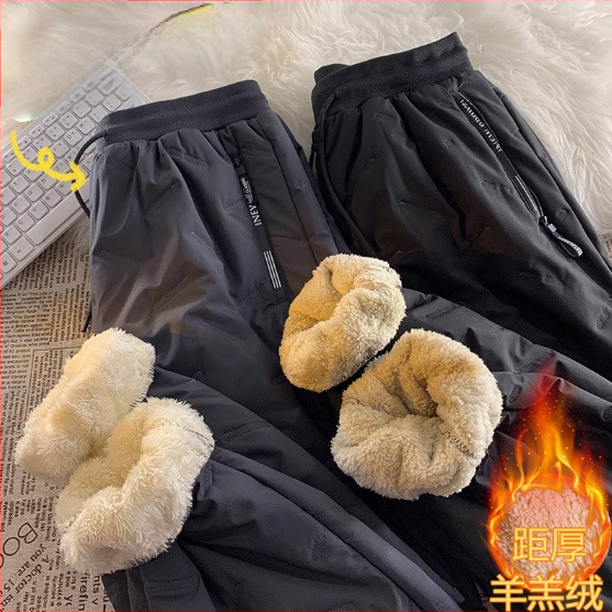 Pantaloni din piele de miel pentru bărbați, căptușiți cu fleece, groși, de vârstă mijlocie și vârstnici, pentru bărbați, talie lejeră, îmbrăcăminte exterioară, casual, din bumbac