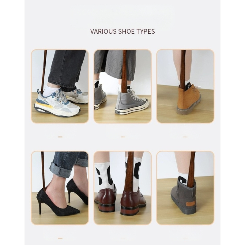 Täispuidust kingatõmmits majapidamises, pika käepidemega, eakad rasedad naised, mitte painutatud kingatõmmits, kulunud kinga artefakt, puidust kingatõmmits, säästab aega