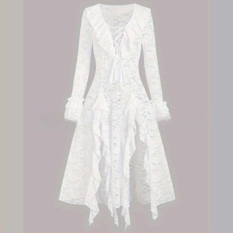 Rochie lungă, linie A, cu volane, din linie, pentru femei europene și americane, de culoare solidă, cu dantelă și volane transparente