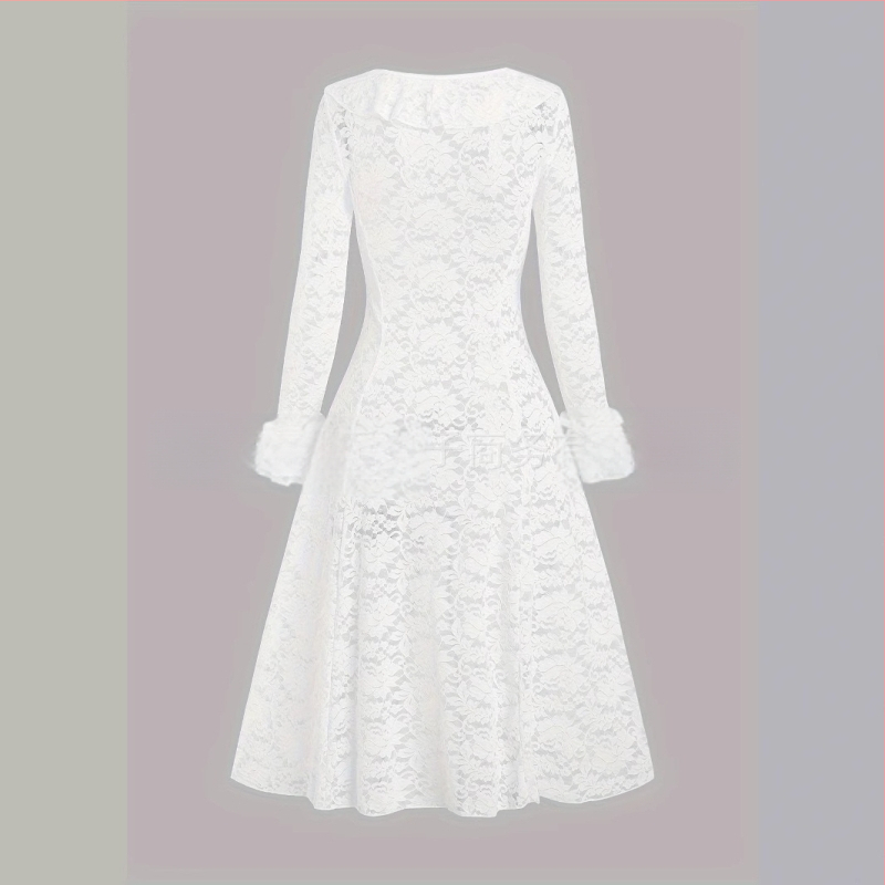 Rochie lungă, linie A, cu volane, din linie, pentru femei europene și americane, de culoare solidă, cu dantelă și volane transparente