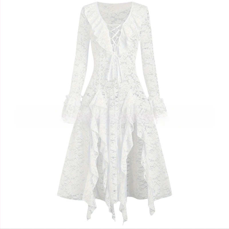 Rochie lungă, linie A, cu volane, din linie, pentru femei europene și americane, de culoare solidă, cu dantelă și volane transparente