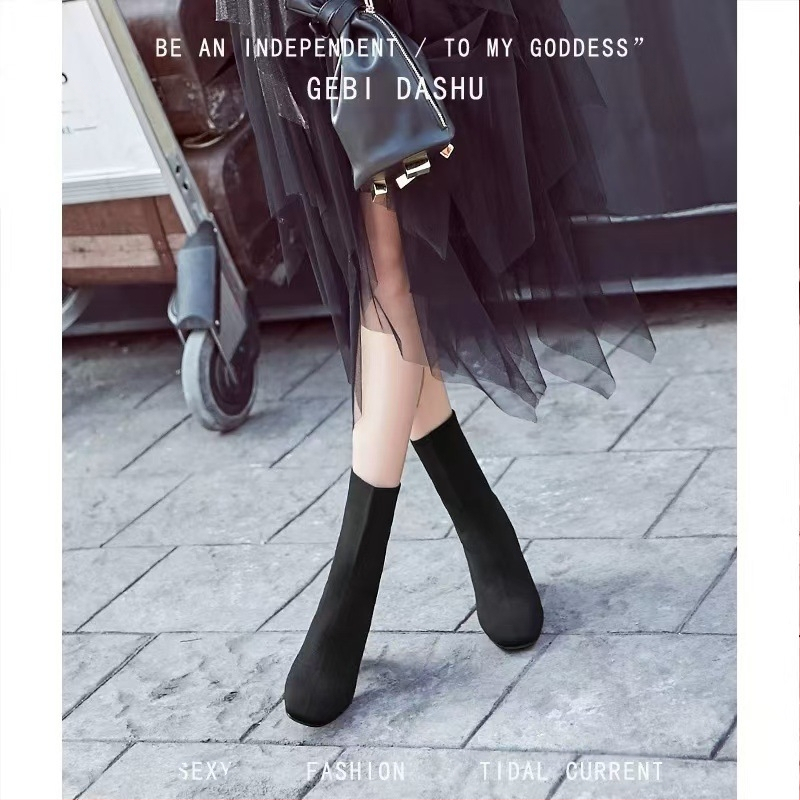Cizme de damă cu toc gros și tricotate, cizme simple, toamna 2024, cizme noi cu vârful ascuțit, cizme de mijloc, șosete subțiri elastice