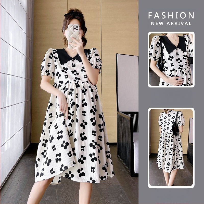 2023 m. vasaros nėščiųjų gėlių suknelė trumpomis rankovėmis, laisva, liekninanti midi ilgio korėjietiško stiliaus nėščiųjų suknelė