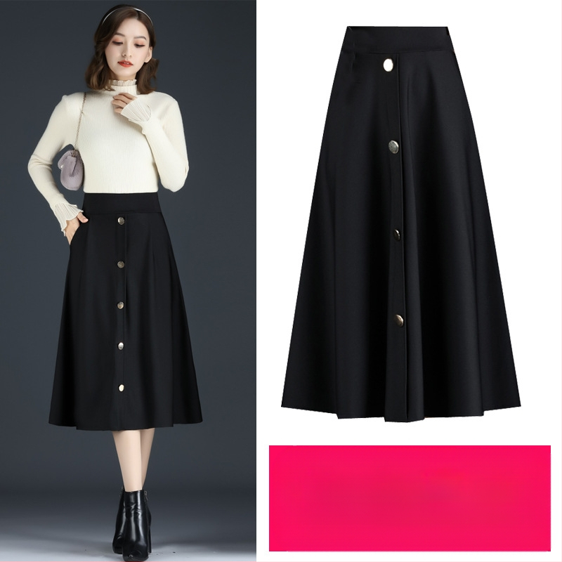 Fustă lungă cu talie înaltă pentru femei, dimensiuni mari, cu un singur rând de nasturi, toamna și iarna, fustă agățată de șold, subțire, lungime medie, linie A-line, fustă