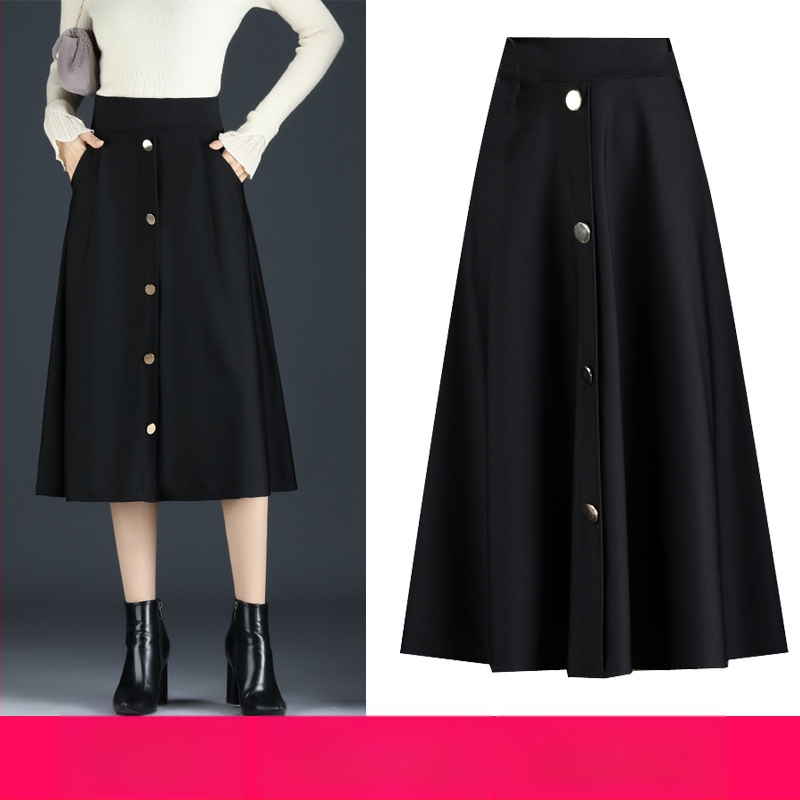 Fustă lungă cu talie înaltă pentru femei, dimensiuni mari, cu un singur rând de nasturi, toamna și iarna, fustă agățată de șold, subțire, lungime medie, linie A-line, fustă