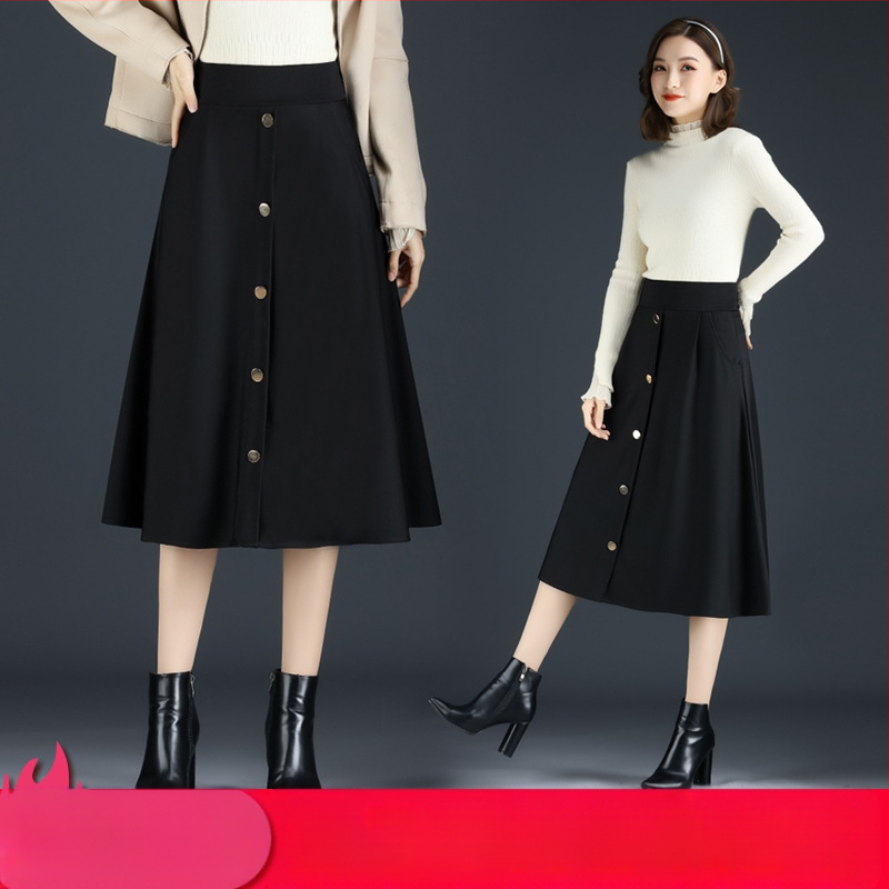 Fustă lungă cu talie înaltă pentru femei, dimensiuni mari, cu un singur rând de nasturi, toamna și iarna, fustă agățată de șold, subțire, lungime medie, linie A-line, fustă